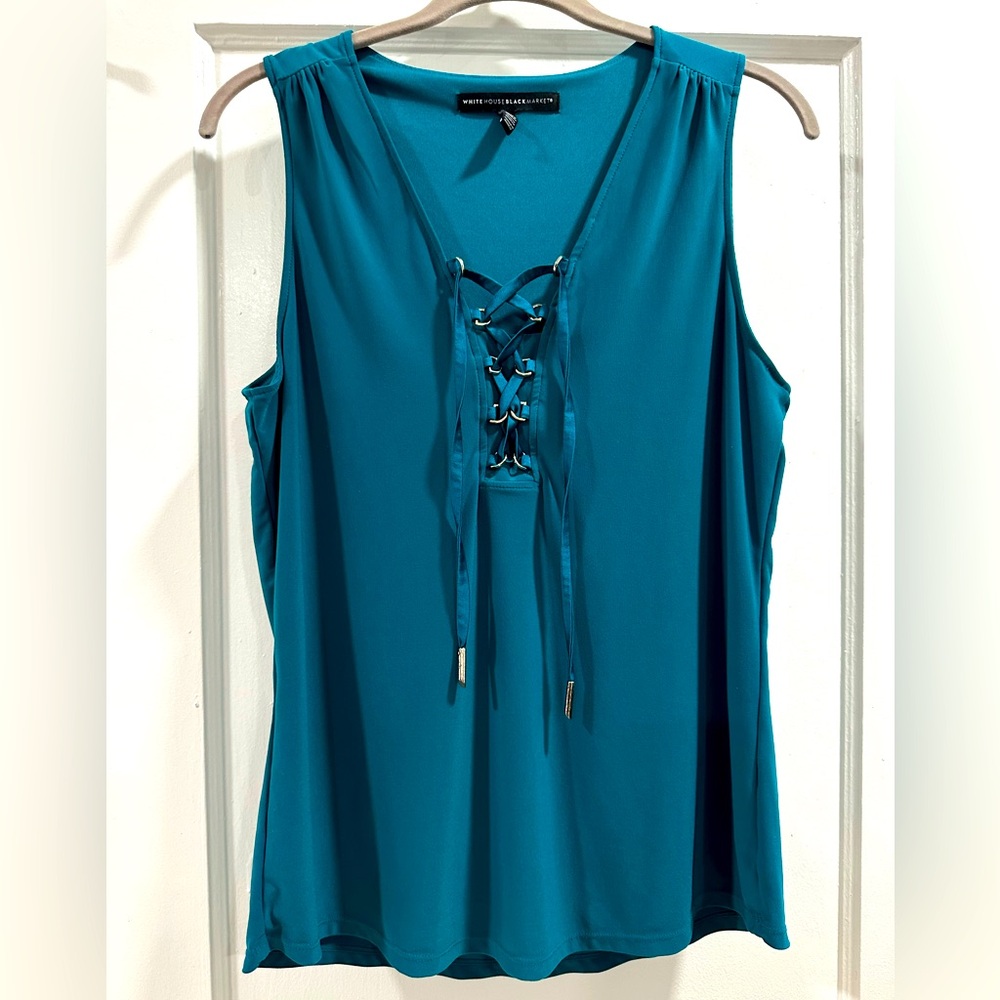 White House Black Market WHBM Womens Deep lagoon blue jersey knit lace up tank M